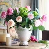 PU手感双头保湿玫瑰花 超高品质仿真花装客厅餐厅装饰品粉色假花