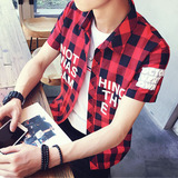 纯棉格子衬衫男短袖学生衬衣修身款青少年夏季休闲衣服韩版潮寸衫