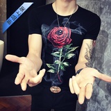 2016夏季男士短袖T恤圆领韩版修身霸气3D玫瑰花图案印花潮流体恤