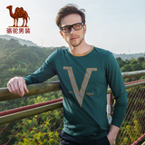 骆驼男装 2016春季新款微弹圆领字母图案休闲长袖T恤衫 男士t恤