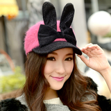 新款兔毛帽子女冬天韩版潮时尚可爱兔耳朵蝴蝶结棒球帽冬季保暖帽