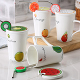 韩式创意水果杯陶瓷卡通水杯情侣杯子马克杯送女友礼物带盖吸管