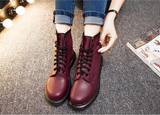 外贸原单女鞋秋装新款时尚酒红色真皮马丁靴系带韩版短靴真皮靴子
