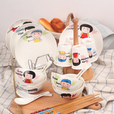 创意陶瓷器米饭碗盘套装幸福一家人无铅骨瓷三件日式卡通儿童餐具