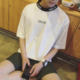 韩国原创港风原创夏季半袖打底衫韩版高领字母修身潮男短袖T恤女
