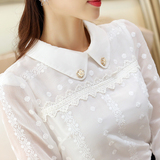 娃娃领雪纺衫女2016春装新款韩版白衬衫修身长袖蕾丝上衣打底衫潮