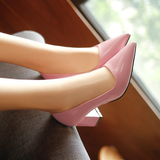 春秋女鞋韩版气质女士粉色高跟鞋粗跟单鞋尖头漆皮职业工作鞋夏季