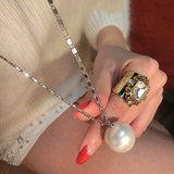 韩国新款毛衣链 大颗珍珠简约H字母长款项链时尚百搭个性配饰品女