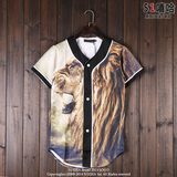日系扎染逼真狮子动物图案 高街复古潮男街头棒球服短袖中长款T恤