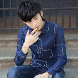 新款男装秋季青年英伦休闲男士印花长袖衬衫韩版修身寸衬衣潮薄款