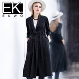 Ekwq 春夏新款女士欧美时尚气质半开领系带长款风衣外套9065