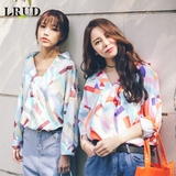 LRUD2016春季新款韩版V领套头撞色几何衬衫女中长款宽松长袖衬衣