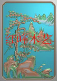 红峰木艺精雕图 灰度图  浮雕图 精品松树山水背板（山水迎客松)