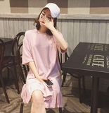 2016春装新款韩版刺绣字母荷叶边短袖中长款百褶连衣裙女装夏D875