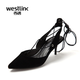 Westlink/西遇2016春季新款 尖头浅口细高跟真皮交叉绑带后空女鞋
