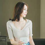韩国夏季女装针织上衣卷边中袖打底衫修身性感韩版休闲短袖T恤女
