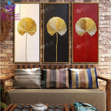 紫之兰 三联金钱扇油画 纯手绘东南亚泰式风格玄关客厅餐厅装饰画