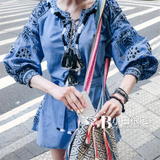2016夏装新款女装 韩国代购流苏绑带重工刺绣灯笼袖宽松连衣裙
