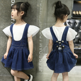 童装女童套装2016夏季韩版宝宝牛仔背带裙短袖T恤两件套儿童套裙