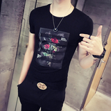 夏季新款个性玫瑰印花男士短袖T恤韩版修身潮男T恤夜店发型师T恤