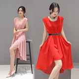 女韩版夏装2016纯色OL修身显瘦不规则鱼尾气质时尚中长款连衣裙