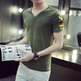 2016新款夏装男士v领短袖t恤男韩版青年修身纯色军旅体恤打底衫潮