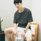 2016夏季潮男格子中袖男士圆领短袖T恤韩版宽松日系男装半袖衣服