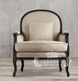 外贸美法式复古客厅软包单人沙发老虎椅实橡木布艺整装休闲椅正品