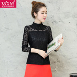 Yi－xn2016秋装新款长袖打底衫女百搭修身黑色高领蕾丝衫镂空上衣