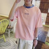 春季短袖T恤男韩版宽松日系学生7分短袖潮流男七分袖港风圆领粉色