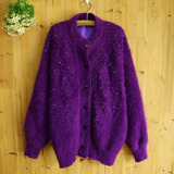 B653复古孤品紫色手工串珠安哥拉兔毛蝙蝠袖宽松针织开衫加厚
