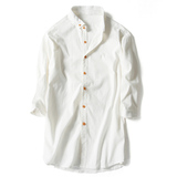 夏季薄款亚麻七分袖衬衫男青年纯白色韩版修身上衣休闲衬衣男装潮