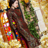 2016春装新款蕾丝丝绒旗袍高档中国风复古加厚长款长袖妈妈装宴会