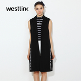Westlink/西遇2016春季新款 欧美字母黑白西服马甲女士中长款开衫