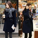 韩国代购2015秋冬新款毛呢外套女学生韩版修身显瘦中长款呢子大衣