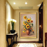 油画向日葵欧式花卉手绘玄关客厅餐厅过道走廊装饰画竖版家居饰品