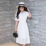 夏季韩版森女蕾丝连衣裙镂空短袖白色长裙修身小清新打底A字裙仙