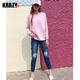 Krazy 2016新款 纯棉 膝盖精美刺绣男友风设计款直筒牛仔裤女