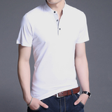 2016夏季青年男士短袖t恤立领修身纯棉纯色透气带扣韩版