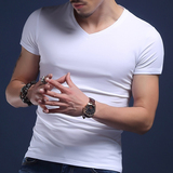 2016韩版夏季紧身男士短袖T恤V领纯色纯棉紧身半袖鸡心领体恤汗衫