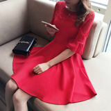 大红色连衣裙夏伴娘裙显瘦蕾丝红色短款结婚中袖荷叶袖新娘敬酒服