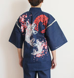 外贸日本出口纯棉男甚平浴衣和服日式短袖睡衣和服家居服双鲤鱼花