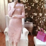 2015秋装新款韩版修身裸粉色蕾丝修身显瘦淑女长袖气质连衣裙女