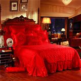 结婚提花床上用品 婚庆心形四件套全棉蕾丝大红色床盖式1.8m2.0米
