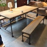 长凳铁艺复古工业水管风格餐桌椅组合 实木户外休闲咖啡厅餐厅桌