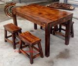 实木休闲桌椅组合 长方桌休闲椅碳化桌凳长条凳餐厅农家乐桌椅