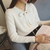 2016春毛衣韩版学院风 珍珠系带V领薄款 舒适兔绒针织衫