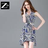 ZK不规则印花修身连衣裙V领无袖收腰显瘦裙子女欧美2016夏装新款