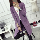 2016春季新款韩版中长款纯色V领针织开衫长袖披肩毛衣女装外套