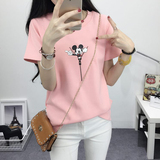 韩版夏季圆领修身短袖休闲百搭韩范卡通学院风学生粉红色t恤女装
